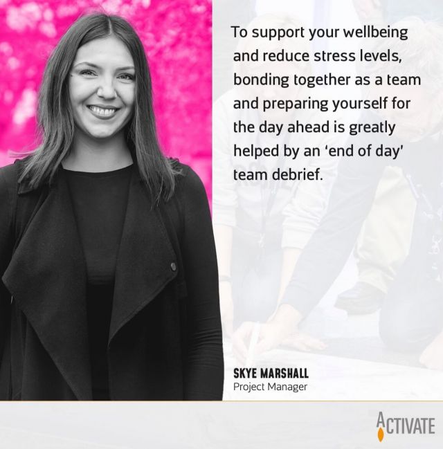 💡 You don't often the see the word #debrief in the same sentence as #wellbeing but Skye Marshall explains the power of a good 'end of day' team huddle in bringing both lightness and clarity. So if your evening includes just drinks, dinner, and an early sleep, think again.

#activateevents #teamwork #liveevents #wellbeingmatters